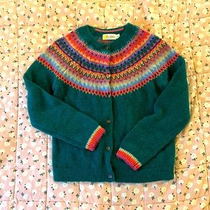 Mini boden green with pink fair isle cardigan.